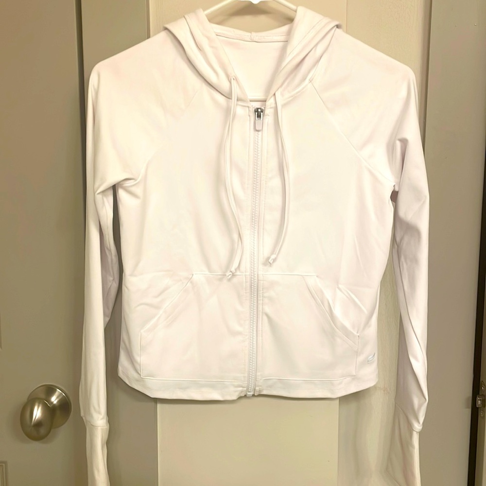 Brand new, Fabletics, crop white hoodie, light material. Super for layering!